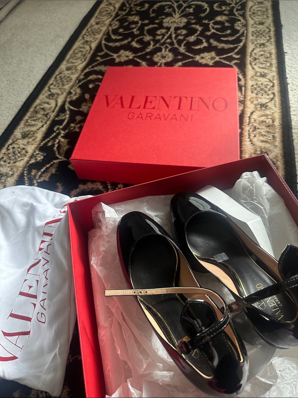 Valentino Garavani Black Patent Mary Jane Flats with Gold Strap Accent